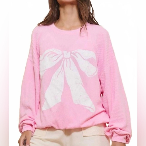 BUCKETLIST Tops - BUCKET LIST Oversized Ribbed Bow Graphic Sweatshirt In Pink